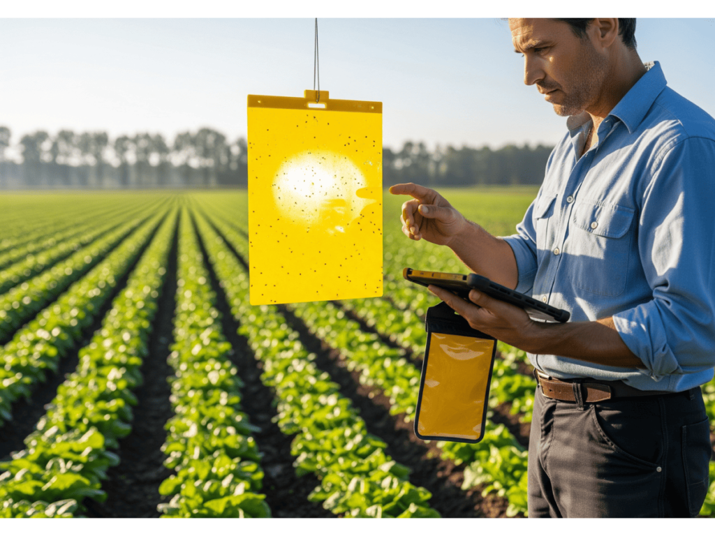 monitoreo agrícola con trampas cromáticas y feromonas en cultivos